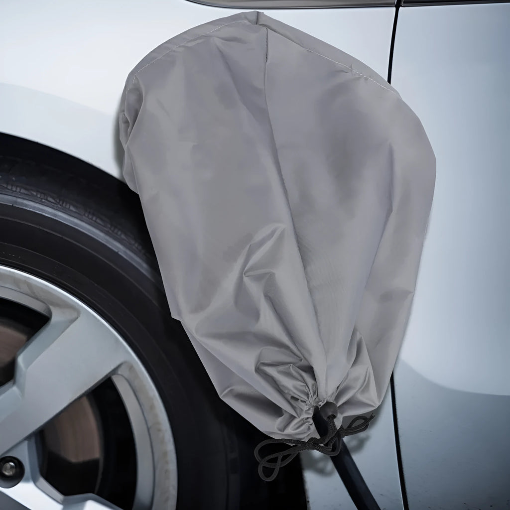 Grey waterproof drawstring cover for an electric vehicle charging port