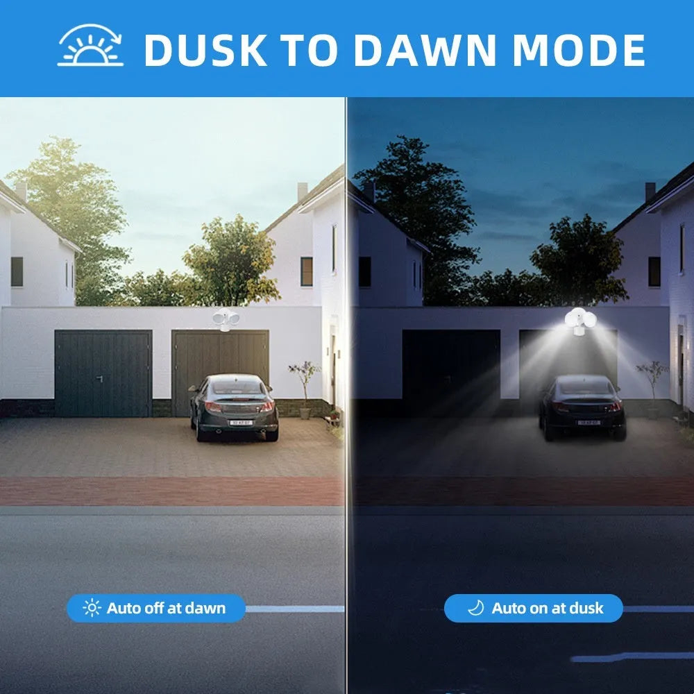 White 120V LED security flood light with motion sensor for outdoor courtyard and garage installation