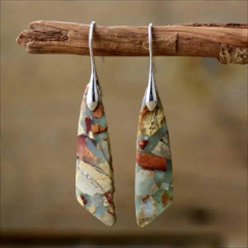 Pair of natural stone geometric water droplet earrings with Shoushan silver platinum colour retention copper ear hooks on neutral background