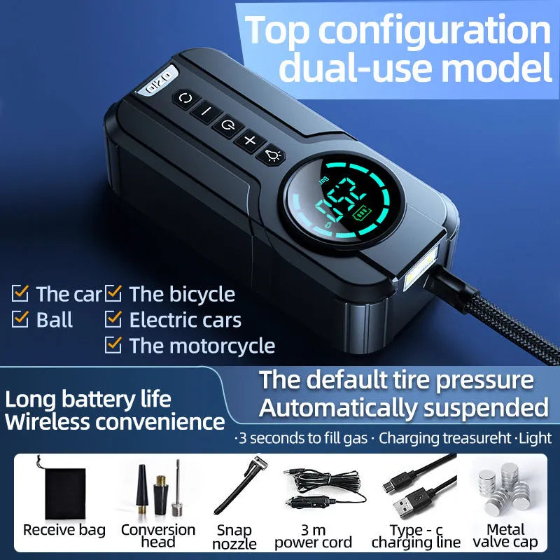 Portable 12V vehicle air pump in ABS plastic with accessories including snap nozzle and conversion head