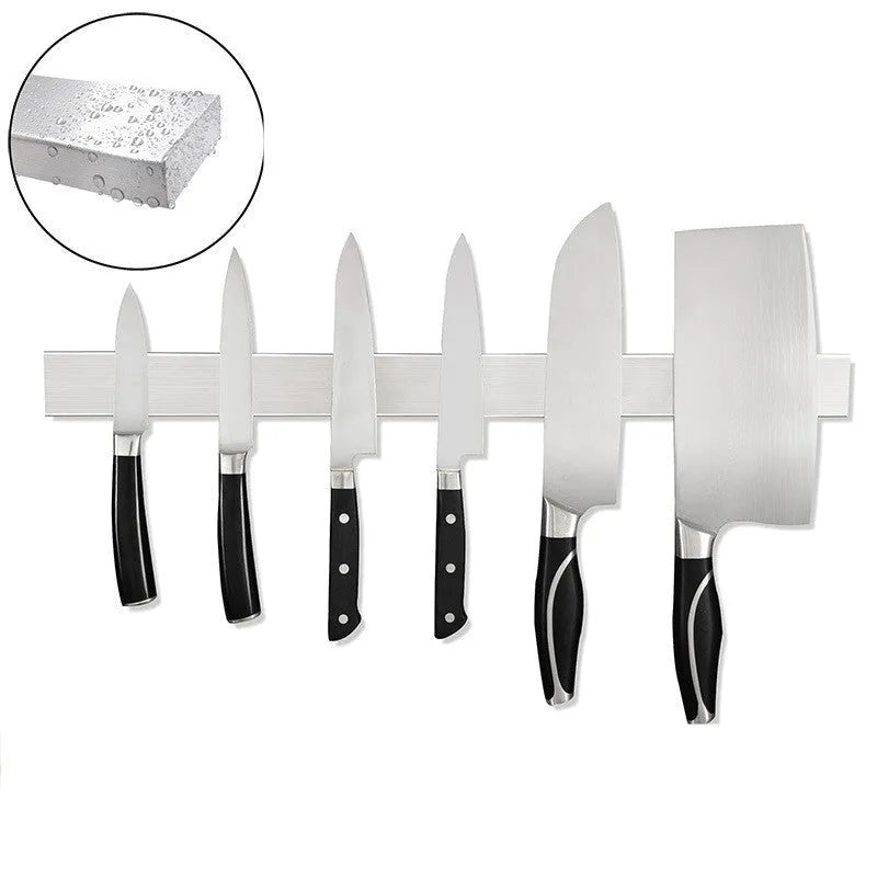Stainless steel wall-mounted knife storage rack with multiple length options for organised kitchen