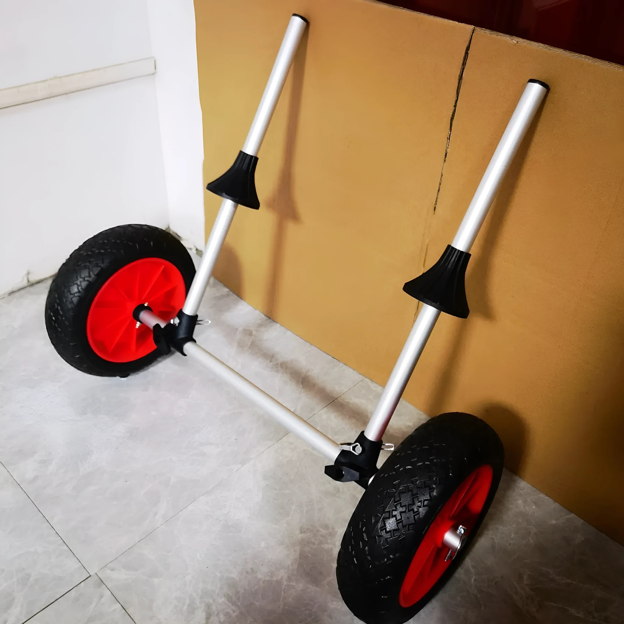 Foldable aluminium kayak trailer with upright plug-in pole platform for transporting open kayaks on beach terrain