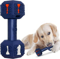 Blue rubber dog chew toy shaped like a dumbbell with a textured surface.