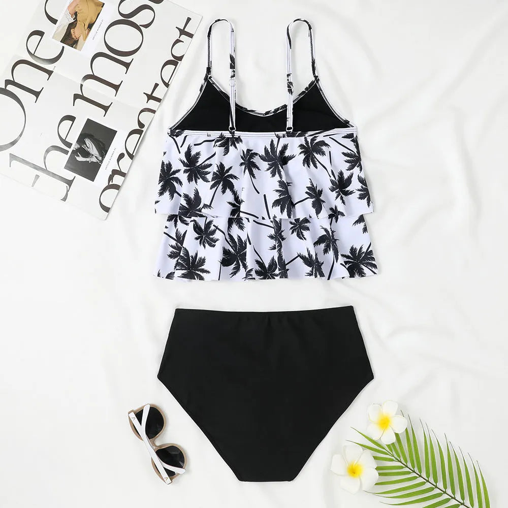 Women's high waist double-layer swimsuit bikini set in black and coconut tree print colours