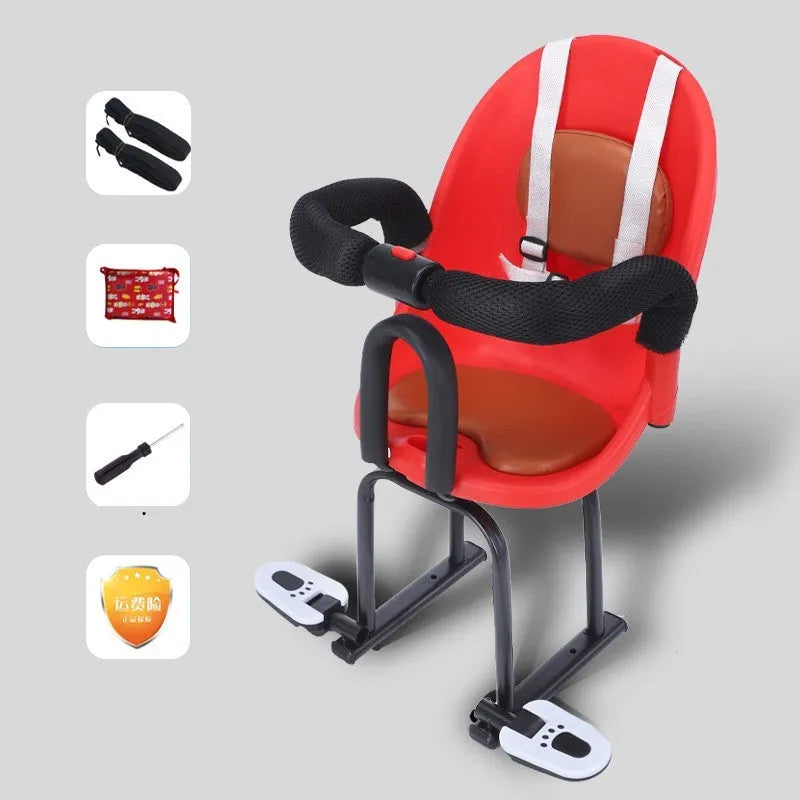 Front-mounted child safety seat for a battery scooter in black, red, or white.