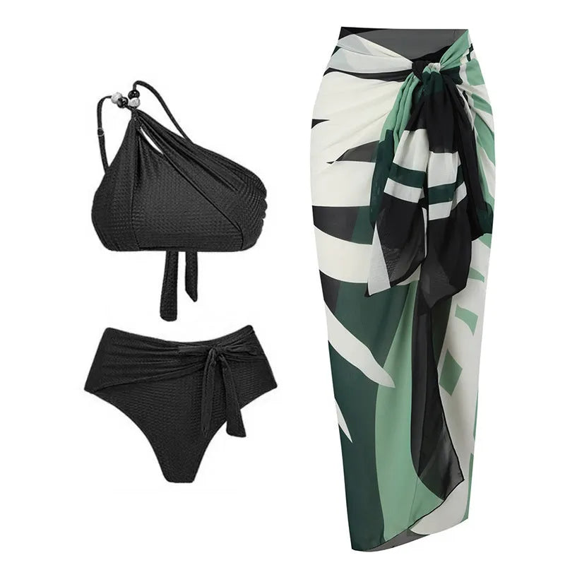 Brown high-waist push-up bikini set with chiffon dress cover-up for women