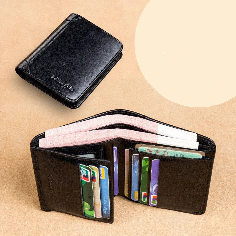 Men's leather wallet showing internal organisation compartments for cards, cash and coins