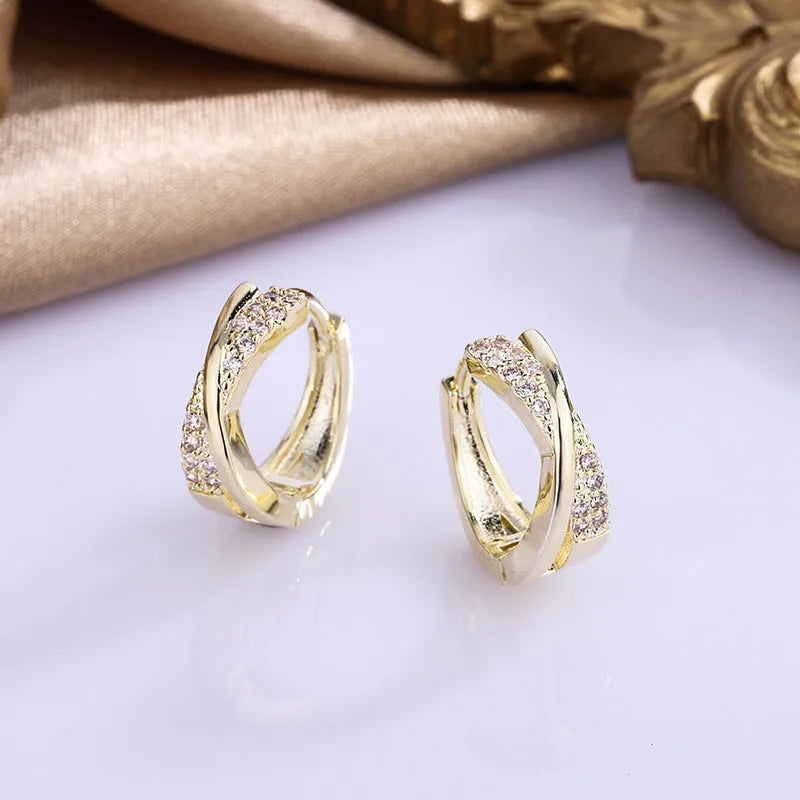Geometric shape earrings with zircon detail in 14K yellow gold-tone finish