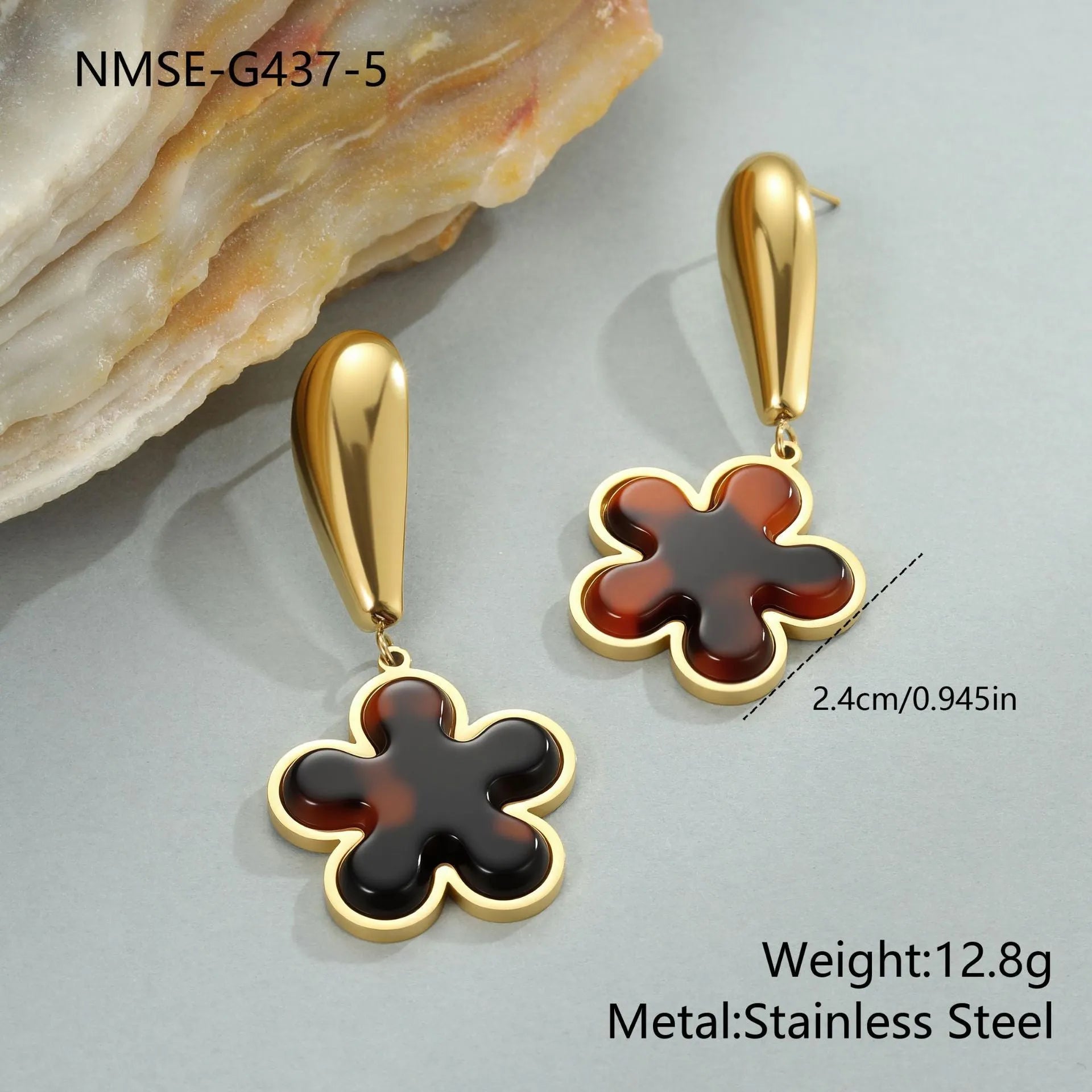 Women's tortoiseshell resin finish earrings with heart or flower designs in 18K gold electroplated stainless steel