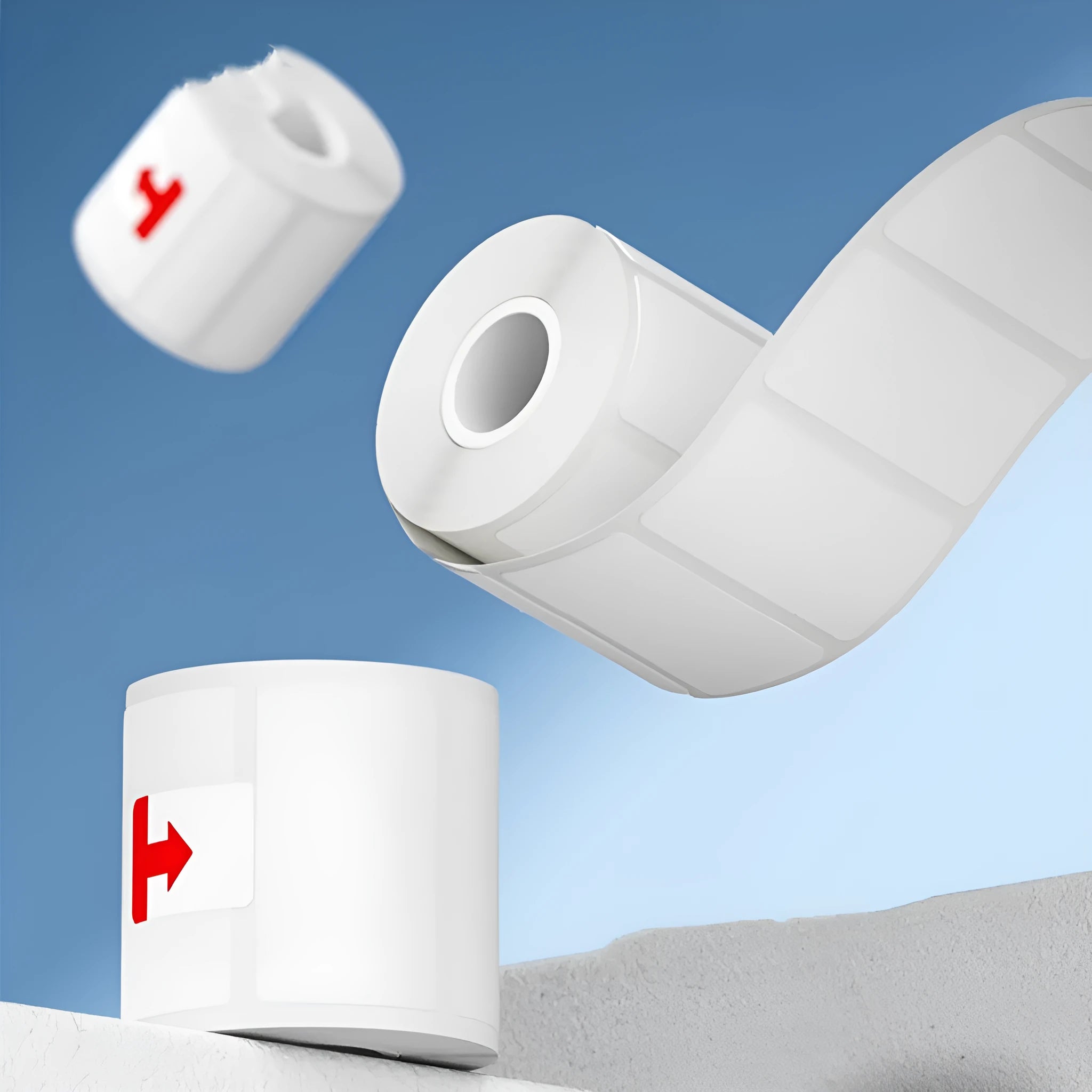 Roll of white bright film thermal paper labels measuring 40x40mm for price marking applications