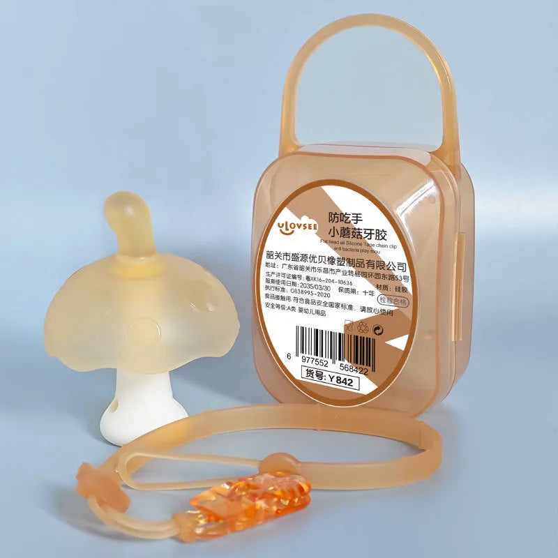 Small mushroom-shaped latex chewing gum with a transparent chain and storage box.