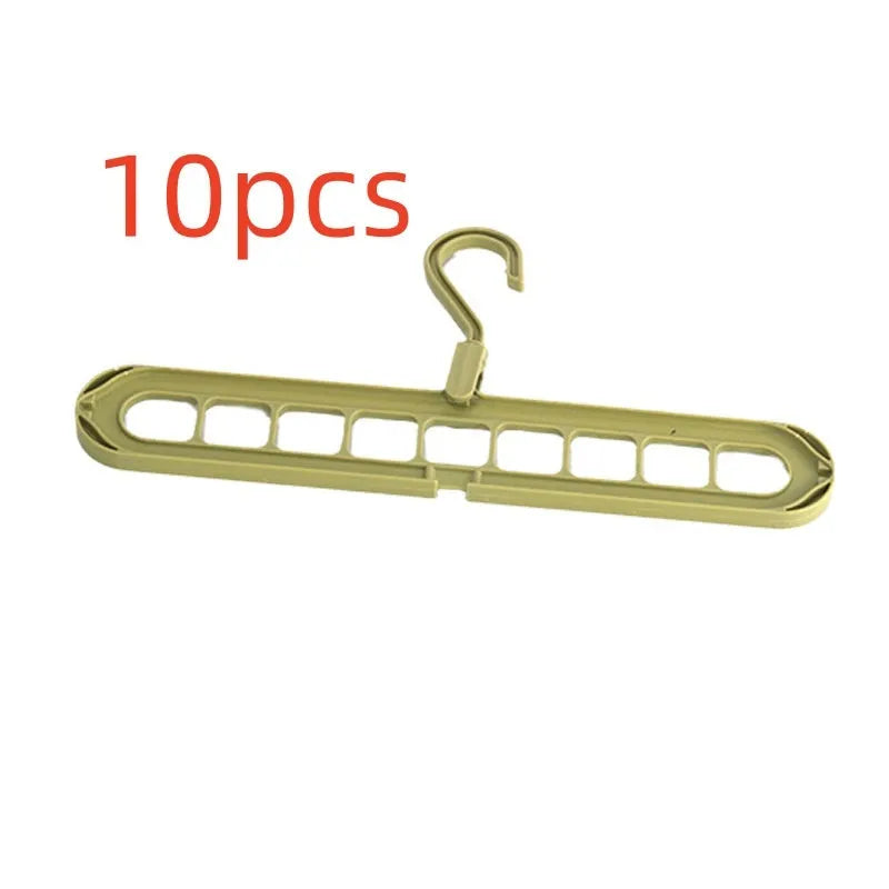 Foldable plastic hanger with nine holes for hanging trousers, shown in a choice of colours.