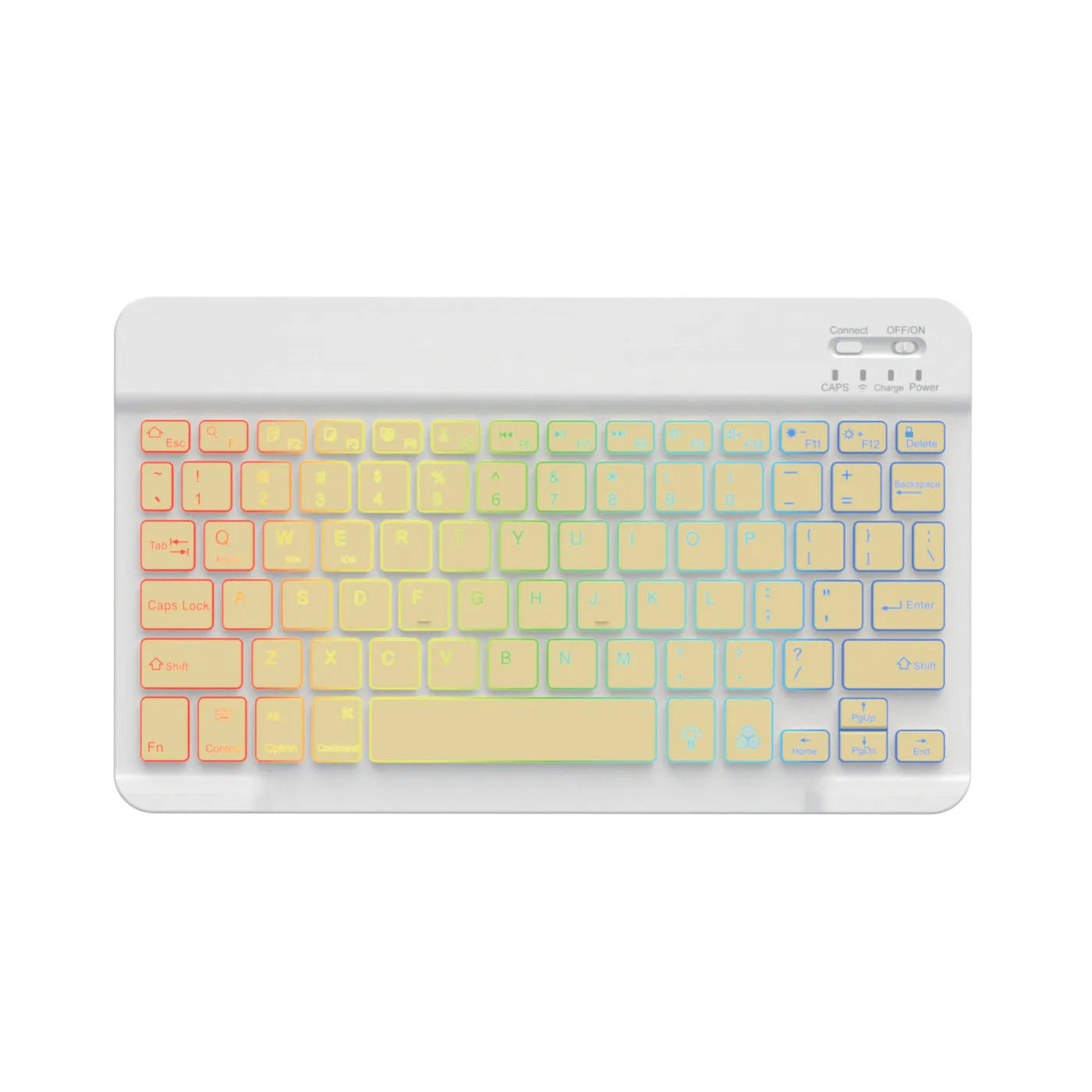 10-inch black Bluetooth keyboard with colourful blue backlighting, shown with a charging cable.