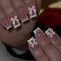 Short French manicure nail art set with bow, tulip, starry sky, and leopard print designs