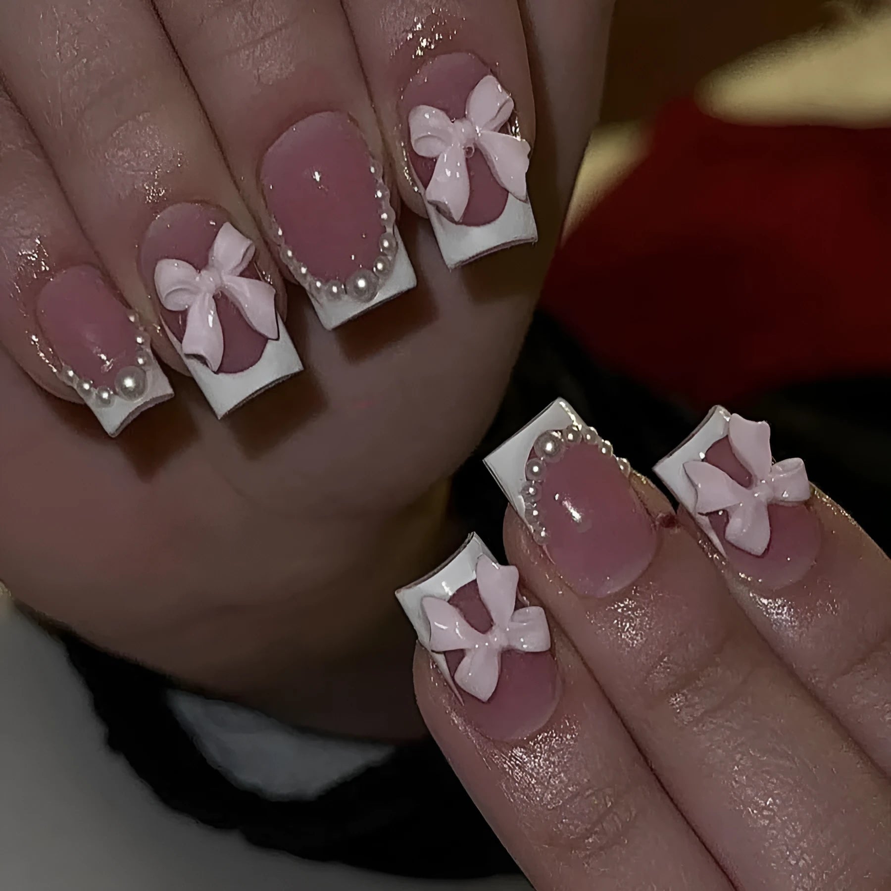 Short French manicure nail art set with bow, tulip, starry sky, and leopard print designs