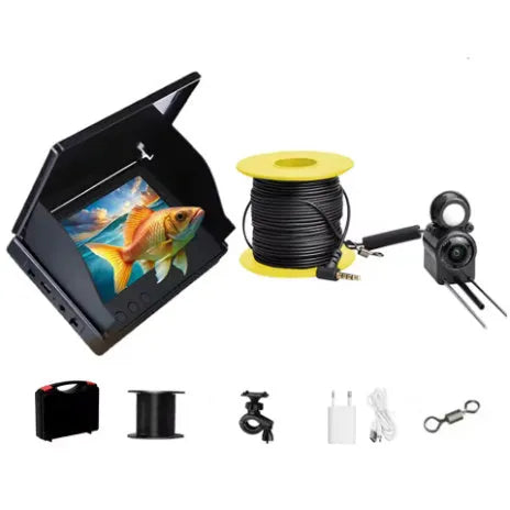 Underwater fish finder camera with 4.3-inch screen, showing a choice of 15, 20 or 30 metre cable options.