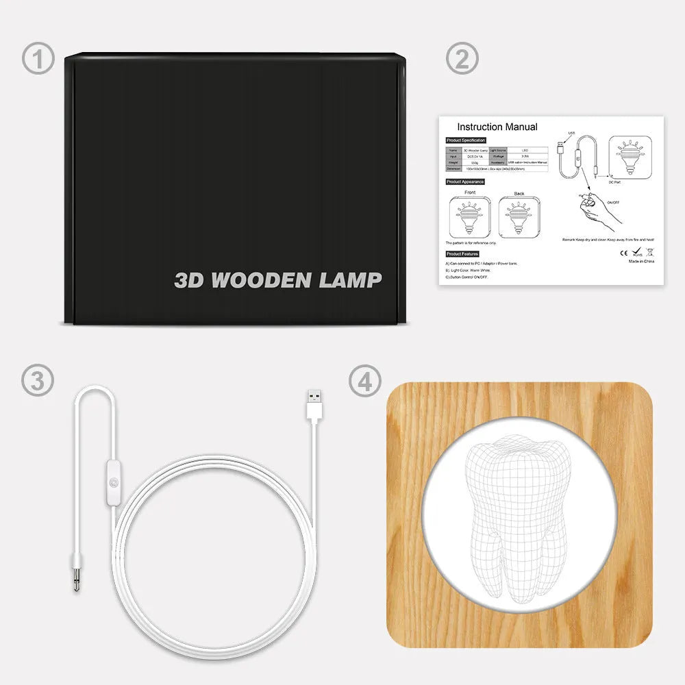 Tooth-shaped acrylic night lamp in log colour with USB cable, dimensions 190mm x 190mm x 30mm