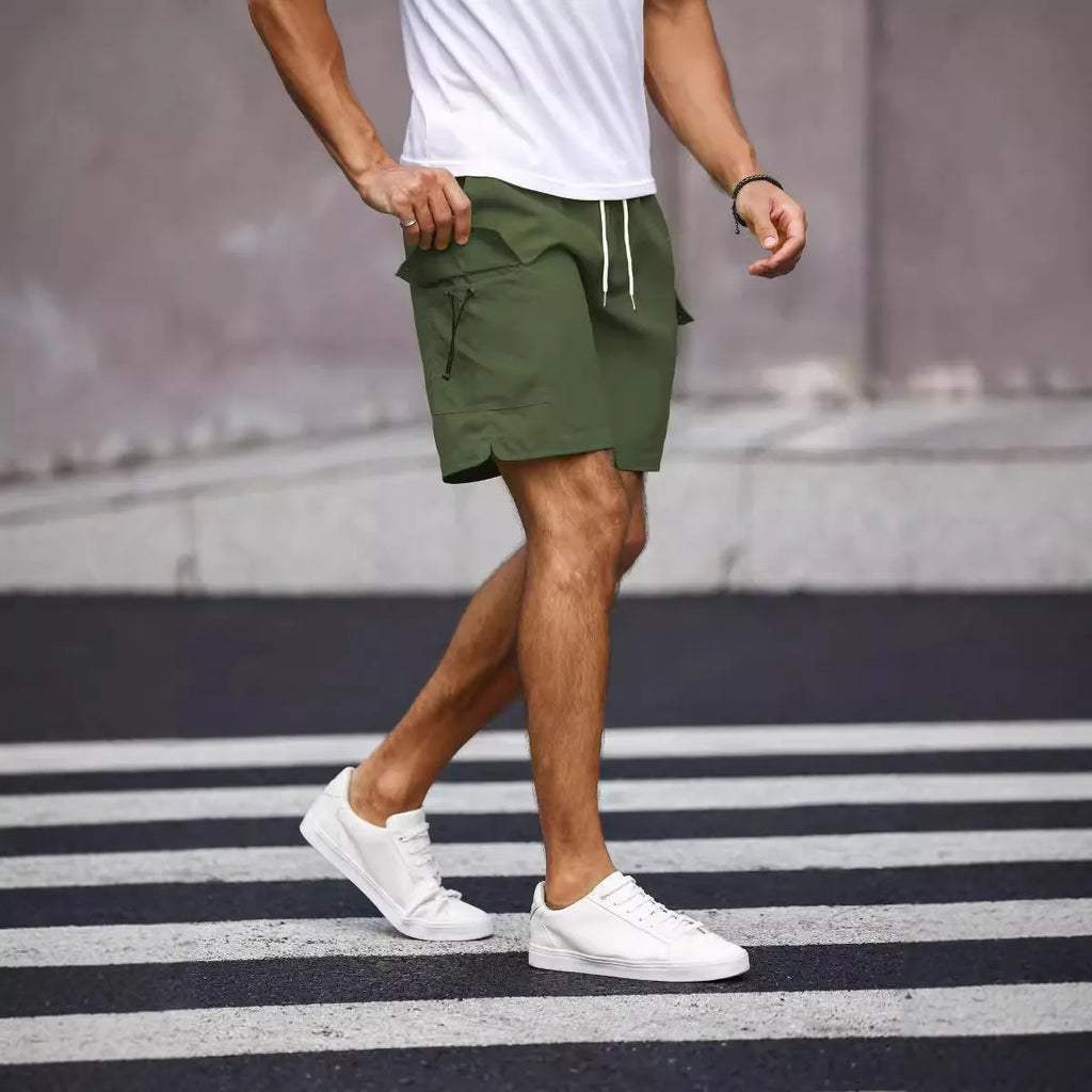 Men's loose straight-leg workwear shorts in fluorescent green or army green colours
