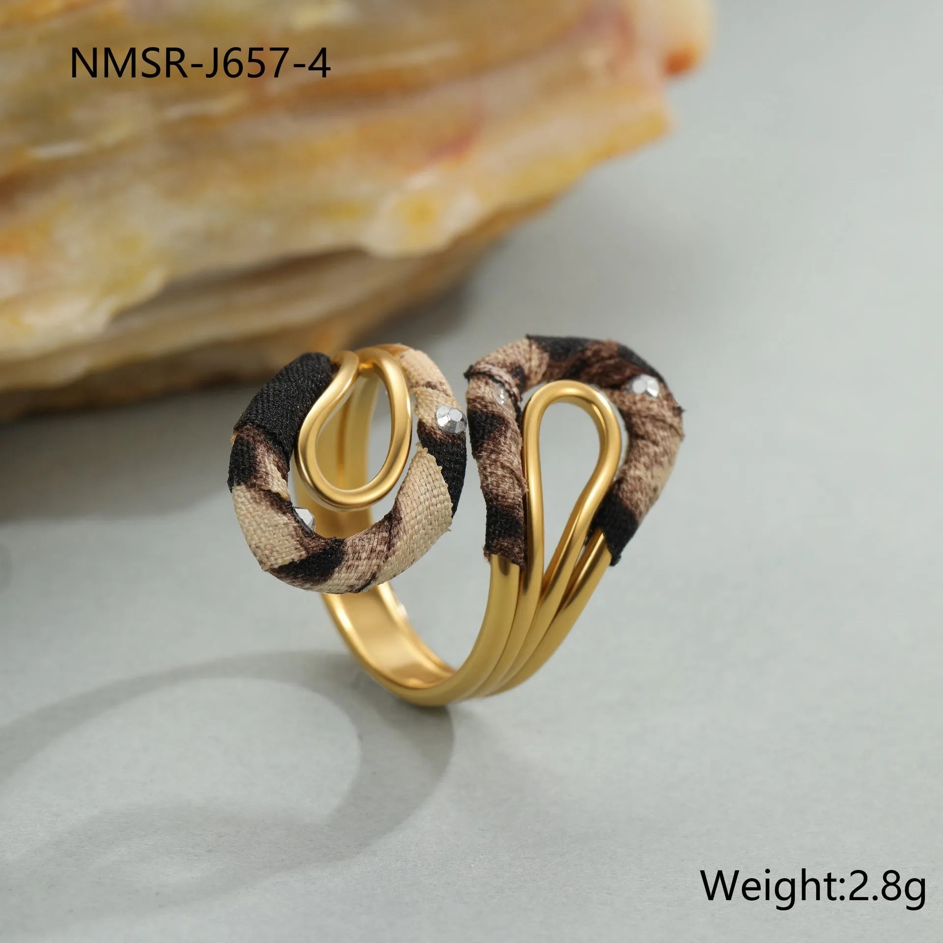 Open mouth ring with geometry heart star shapes and leopard print pattern in electroplated stainless steel