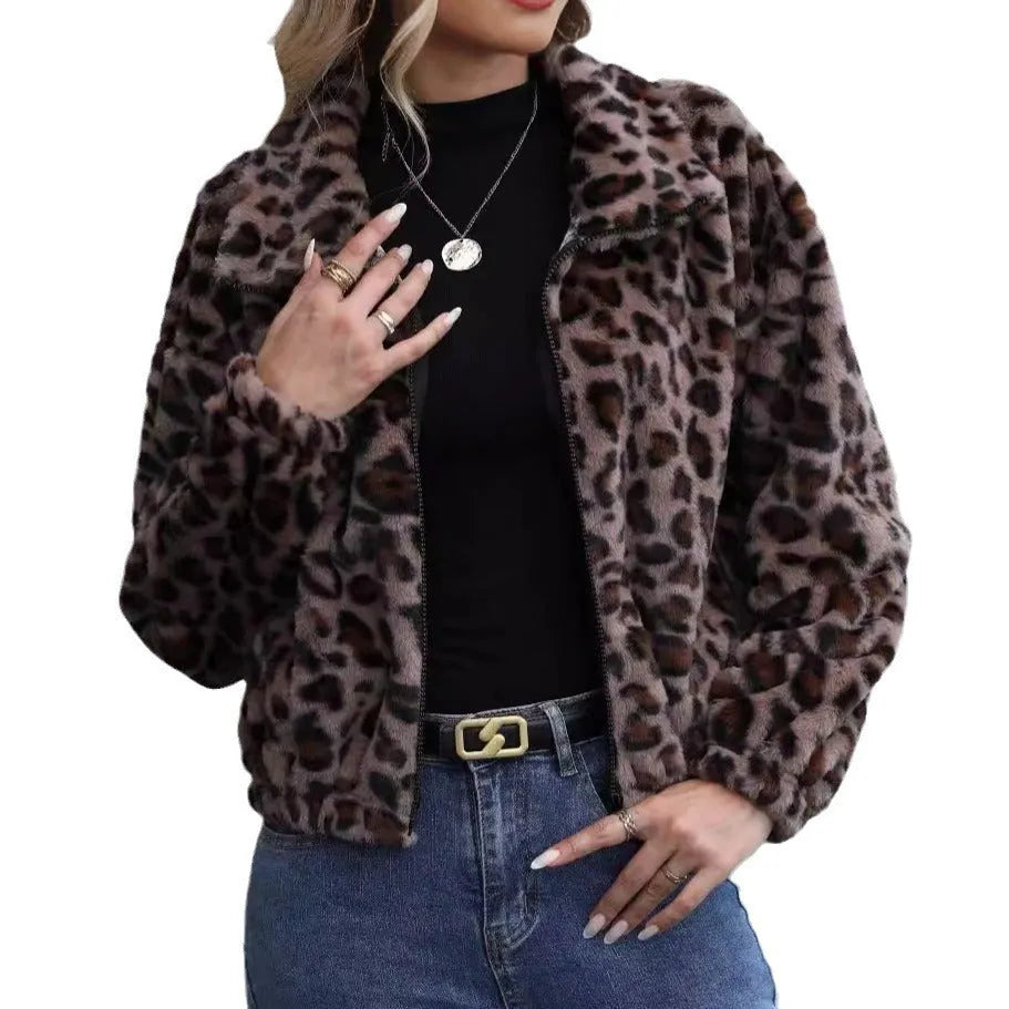 Women's loose fit leopard print plush coat with zipper and raglan sleeves for autumn and winter wear