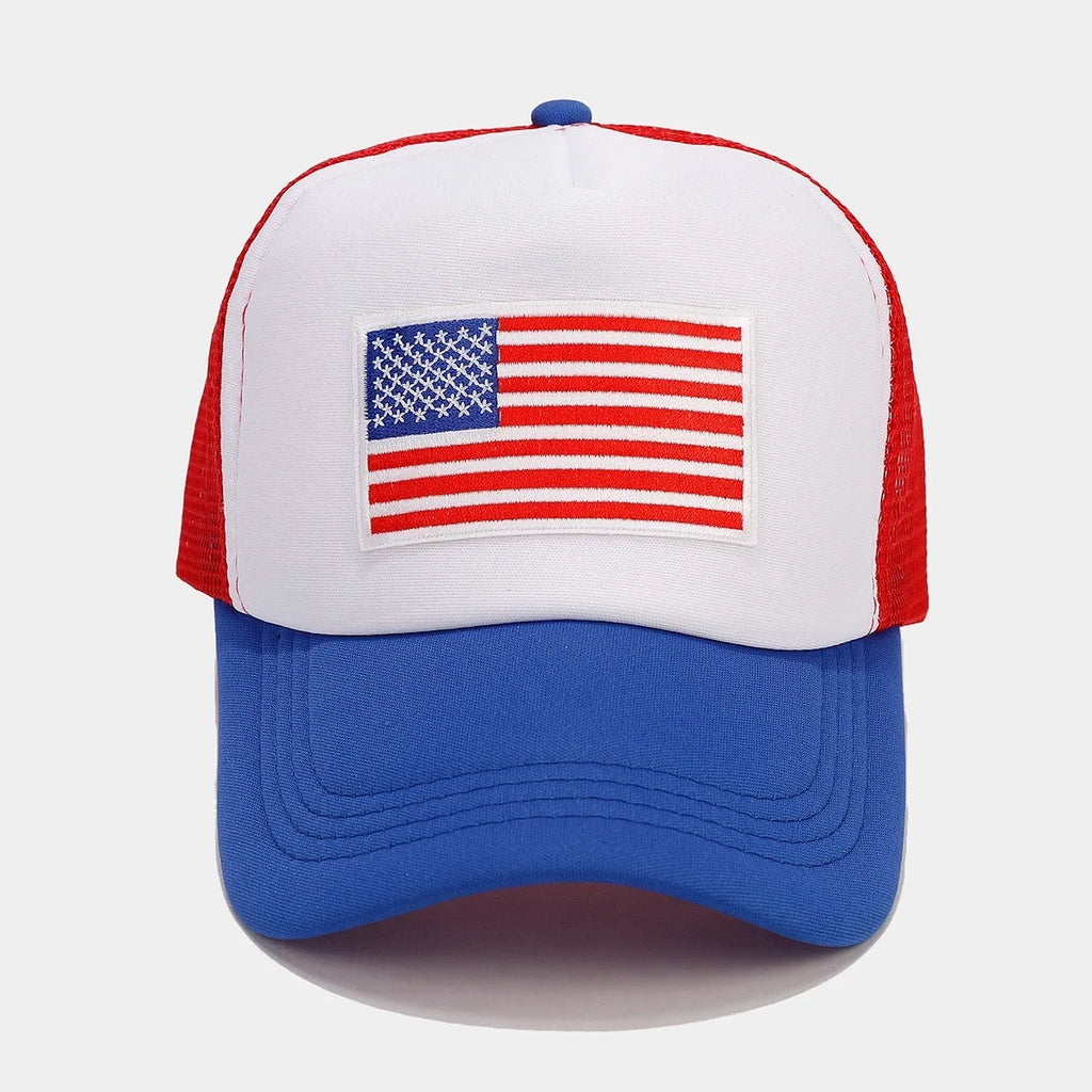 Red and blue contrast colour baseball cap with mesh fabric and adjustable strap