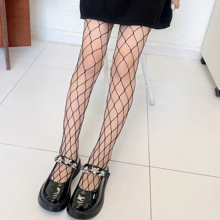 Women's black and white mesh pattern tights showing large, medium, and small net designs for summer.