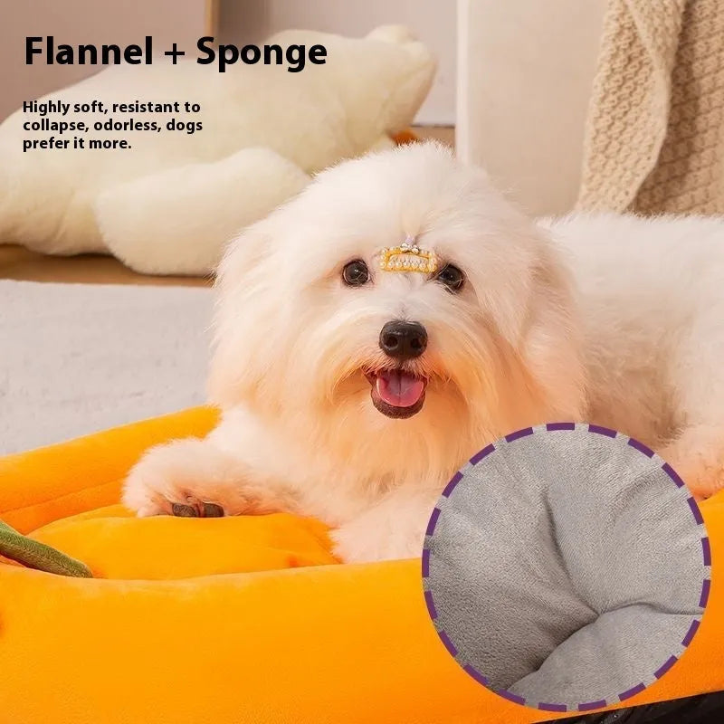 Removable washable cloth dog bed mat in brown, shown next to size labels S, M, L, XL, XXL.
