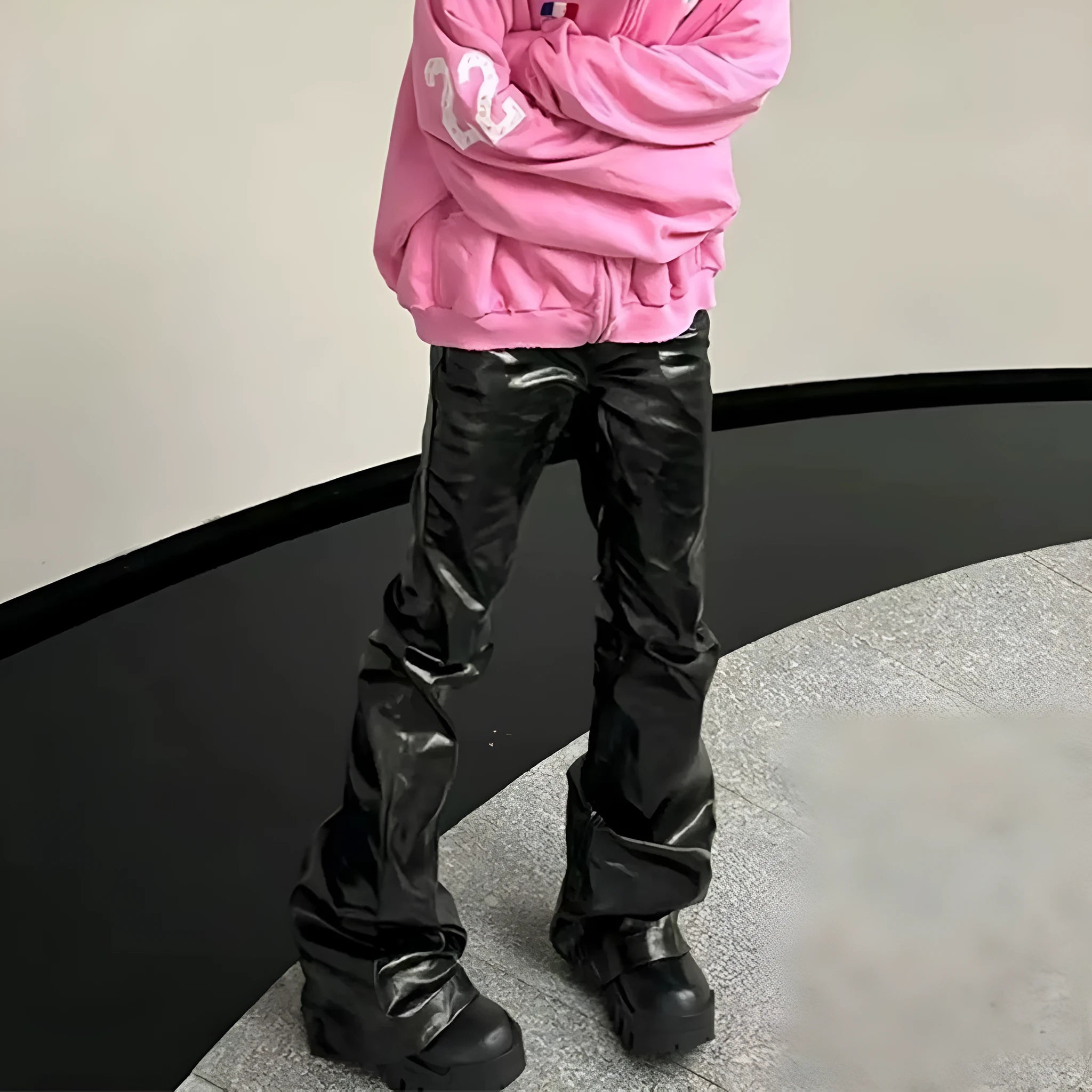 Black coated shiny patent leather-look skinny jeans in mid waist straight-leg style