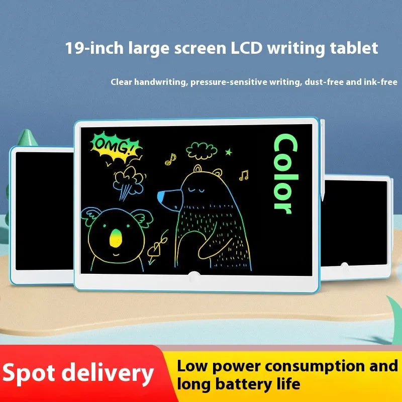 19-inch LCD children's drawing board in blue and white or pink and white colours, showing a colourful doodle on screen.