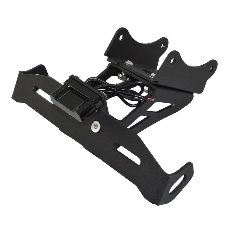 Black aluminum alloy rear license plate frame for Honda motorcycle showing fixed bracket style