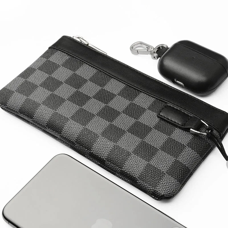Men's black genuine leather clutch wallet showing 20 by 10 cm dimensions.