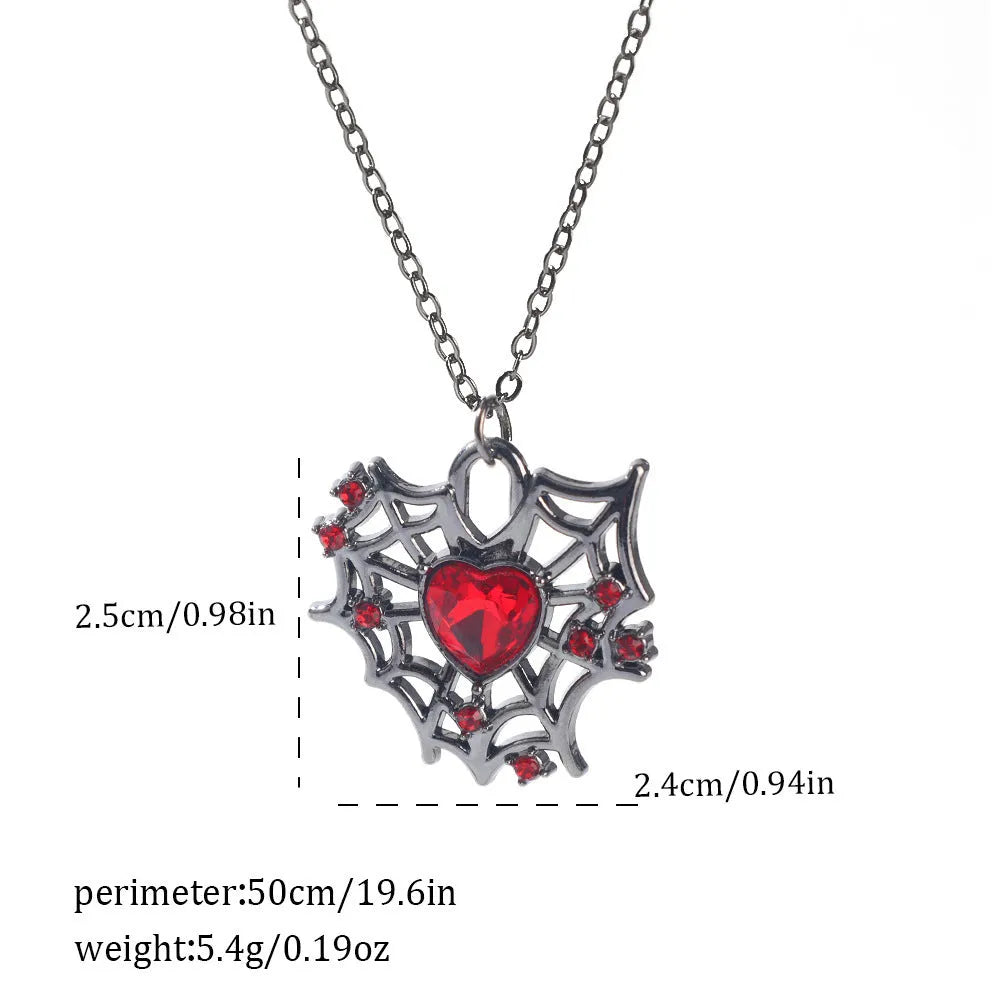 Dark Halloween necklace with zinc alloy electroplated pendant showing spider web and bat designs on regular chain
