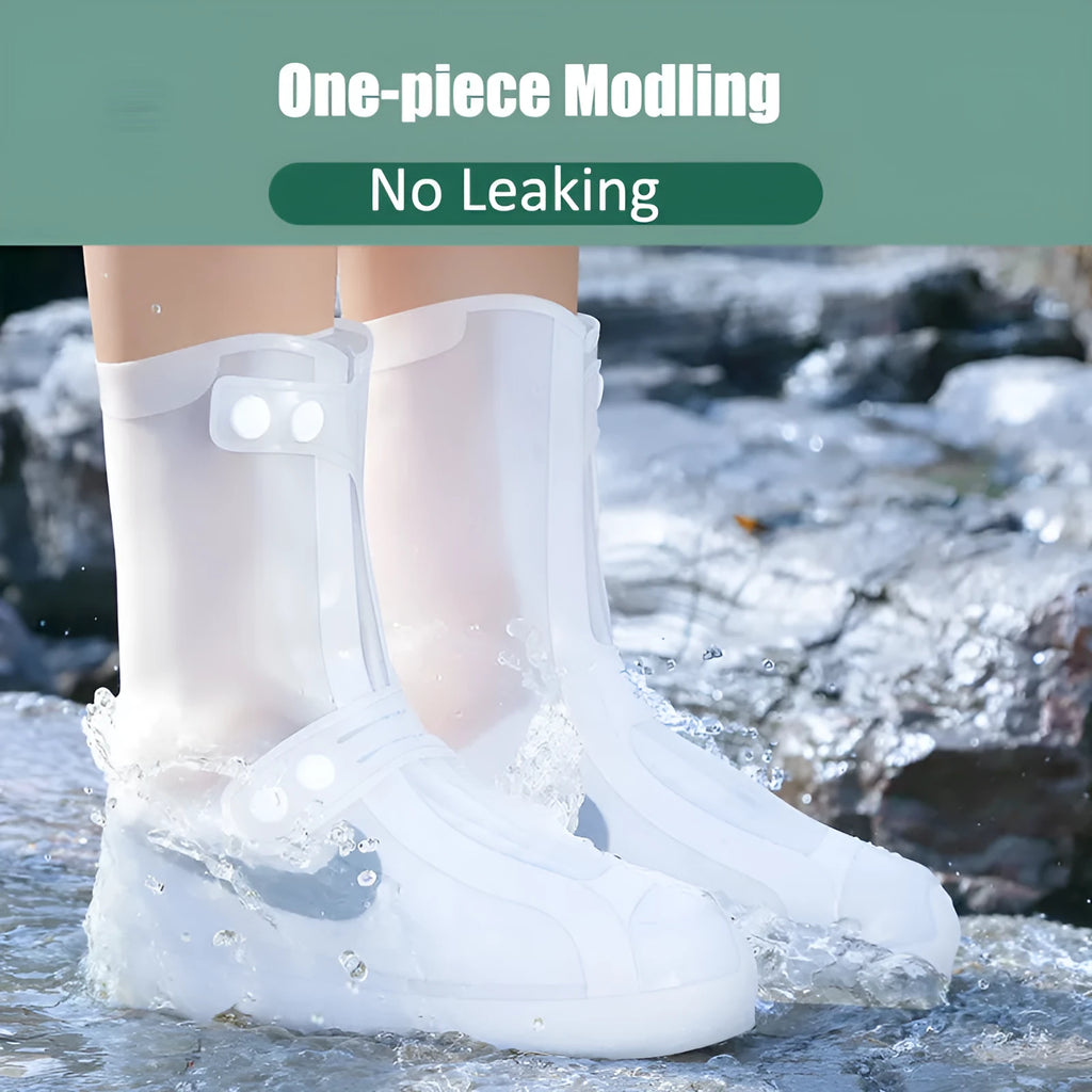 White PVC high top reusable shoe covers for women, shown on a foot, for water resistant protection.