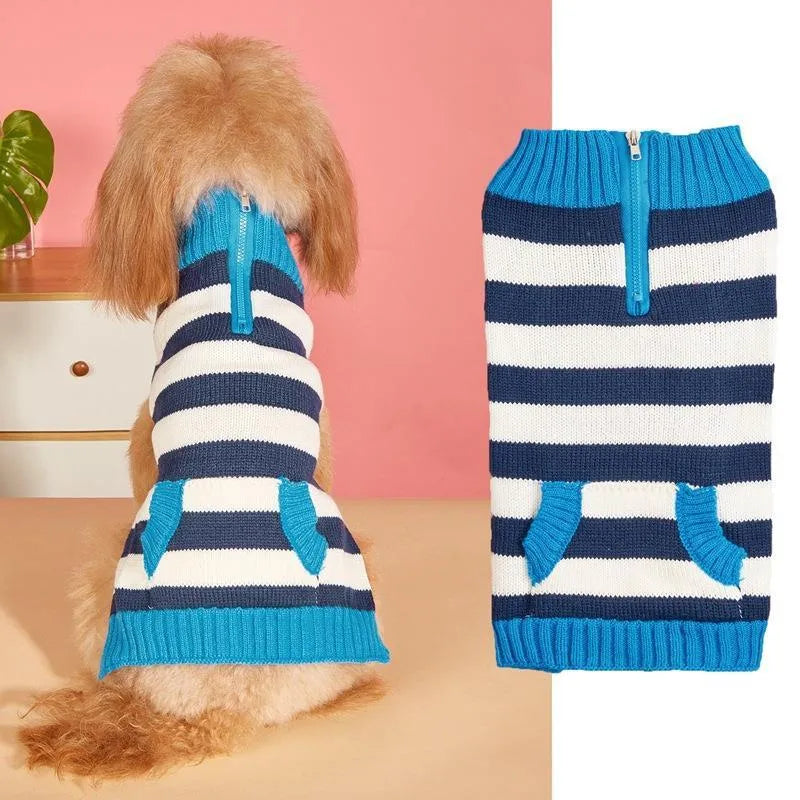 Grey dog sweater with horizontal zipper and button pocket on a small dog