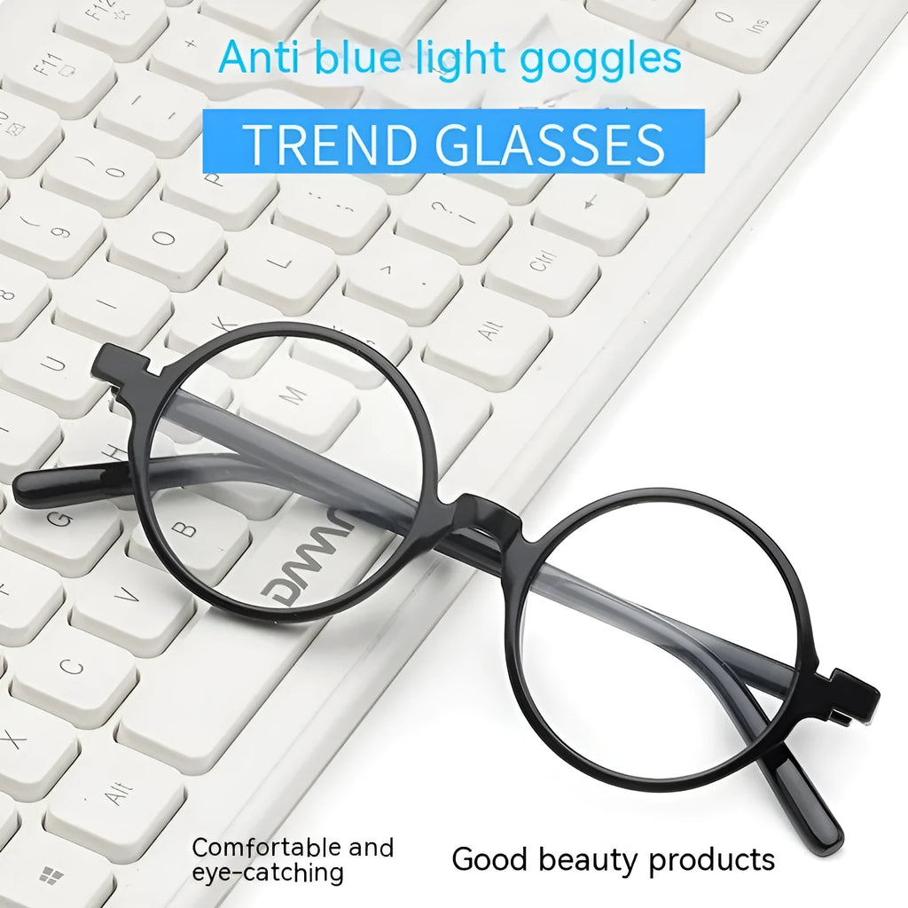Artistic retro round fashion glasses with a PC frame shown in bright black, sand black, tofu pudding, and transparent grey colours.