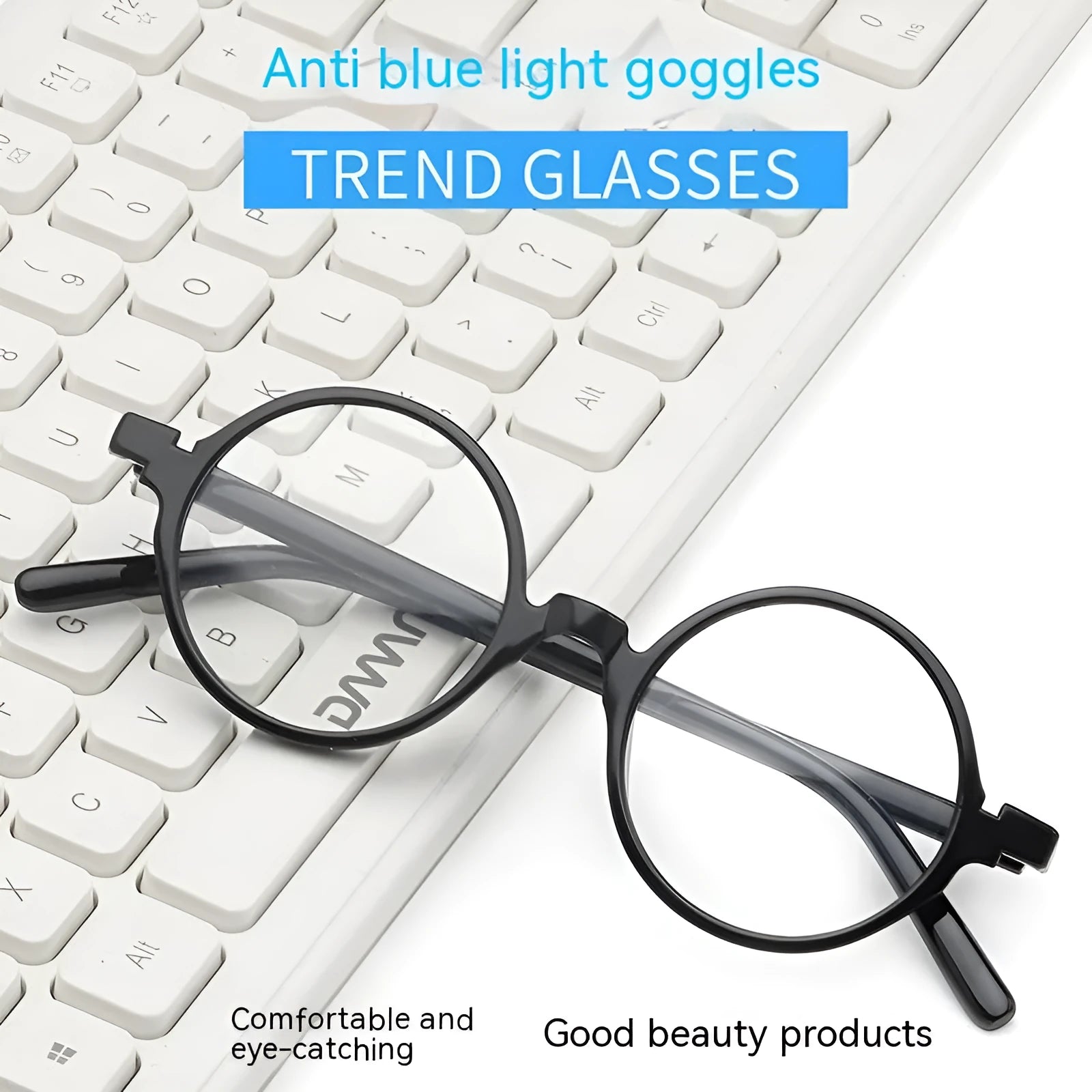 Artistic retro round fashion glasses with a PC frame shown in bright black, sand black, tofu pudding, and transparent grey colours.