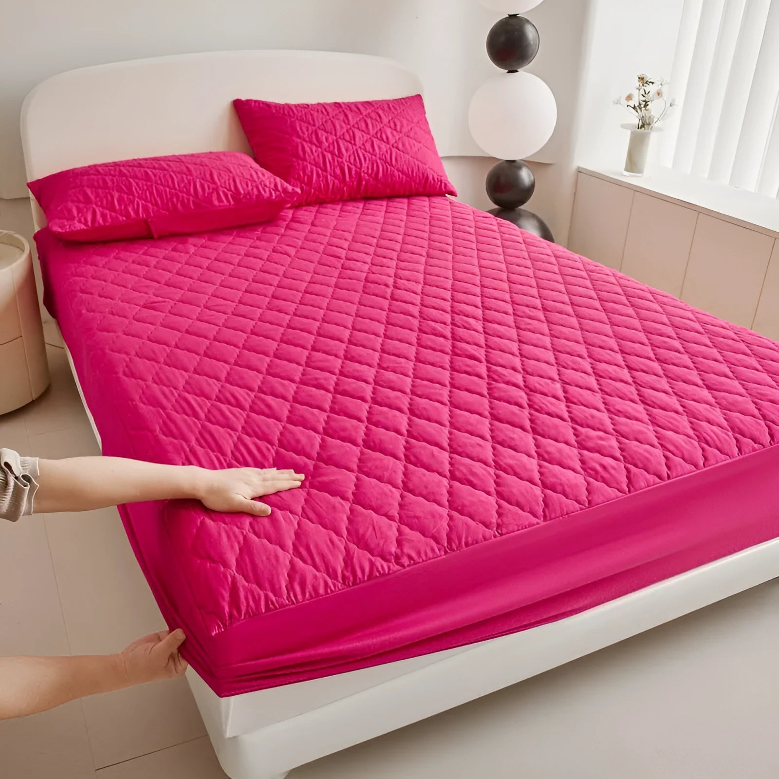 Diamond lattice quilted bamboo fibre mattress protector fitted sheet and pillowcases in solid colour.
