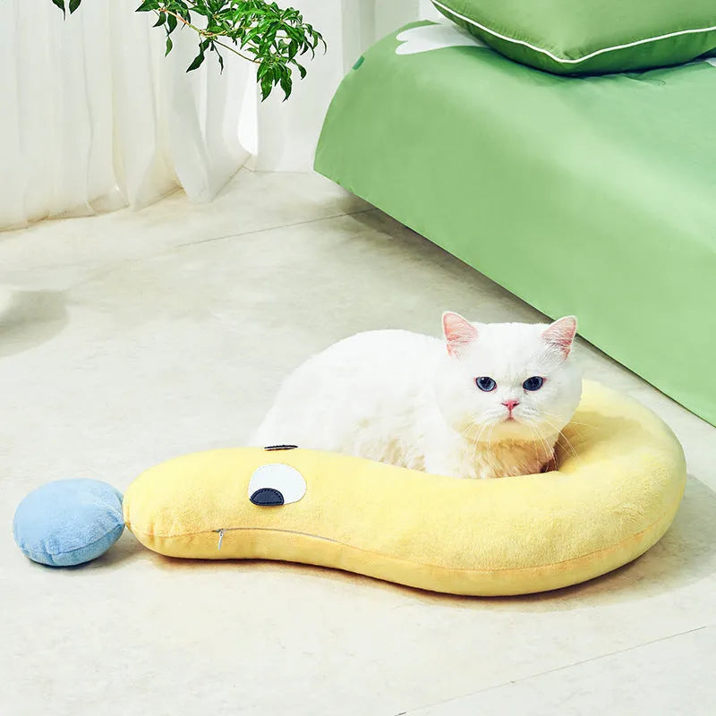 Blue and yellow rectangular pet sleeping pillow measuring 62 by 39 centimetres
