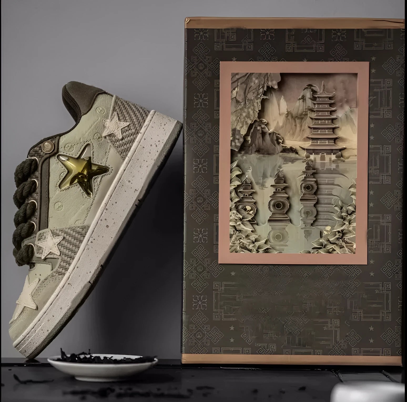 Green casual shoes with star pattern design, multi-material stitching, and rubber sole