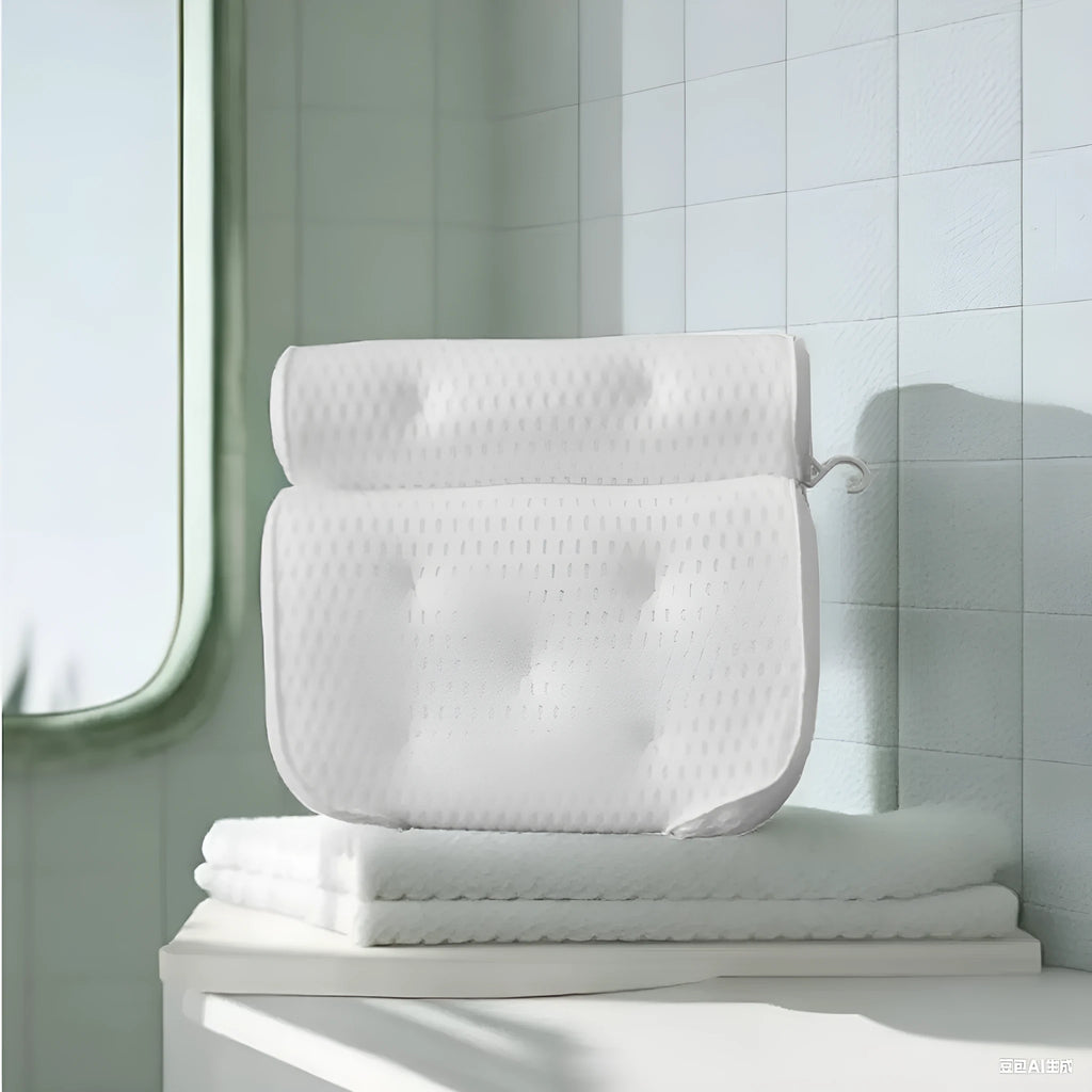White bathtub pillow with 7 suction cups and breathable 4D mesh material