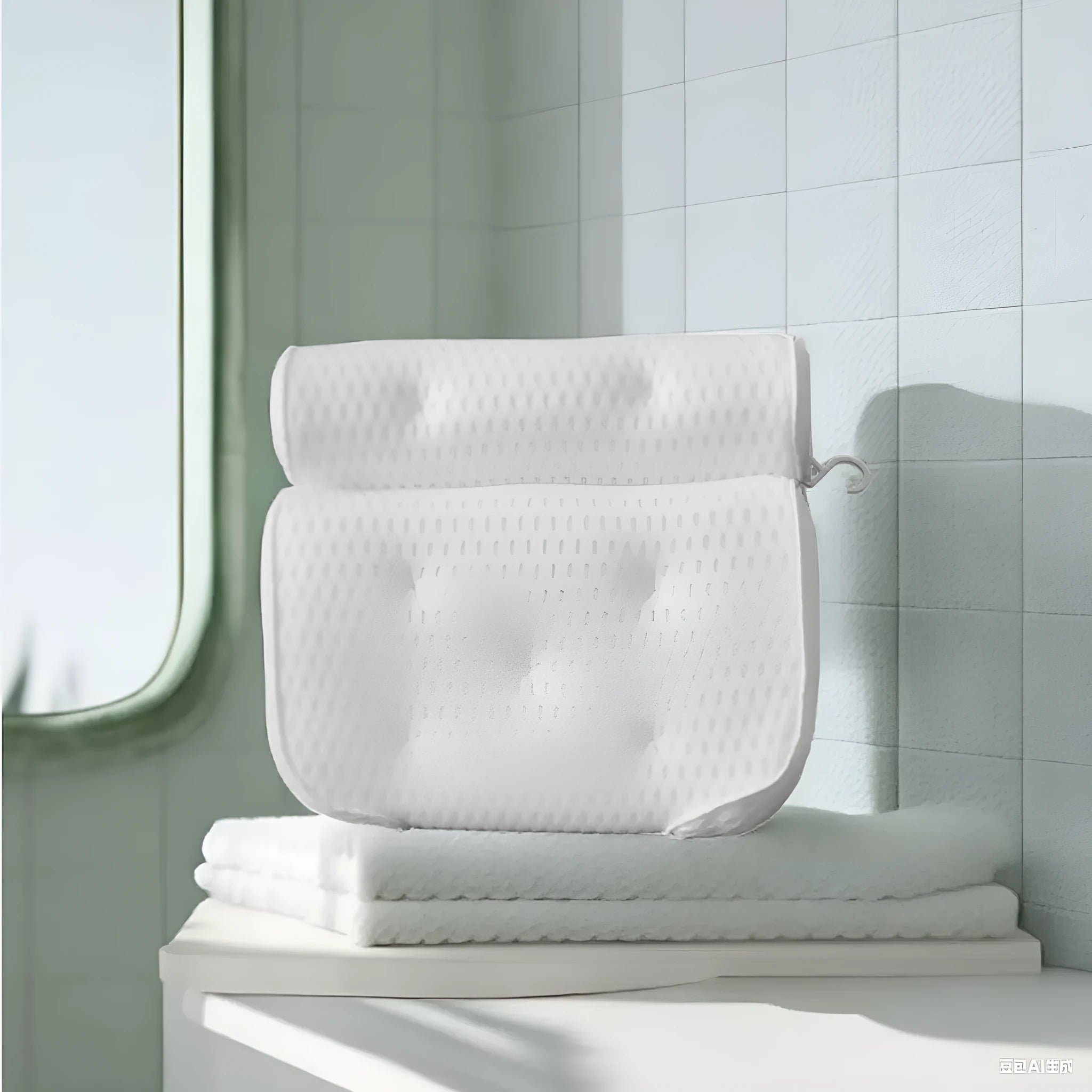 White bathtub pillow with 7 suction cups and breathable 4D mesh material