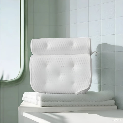 White bathtub pillow with 7 suction cups and breathable 4D mesh material
