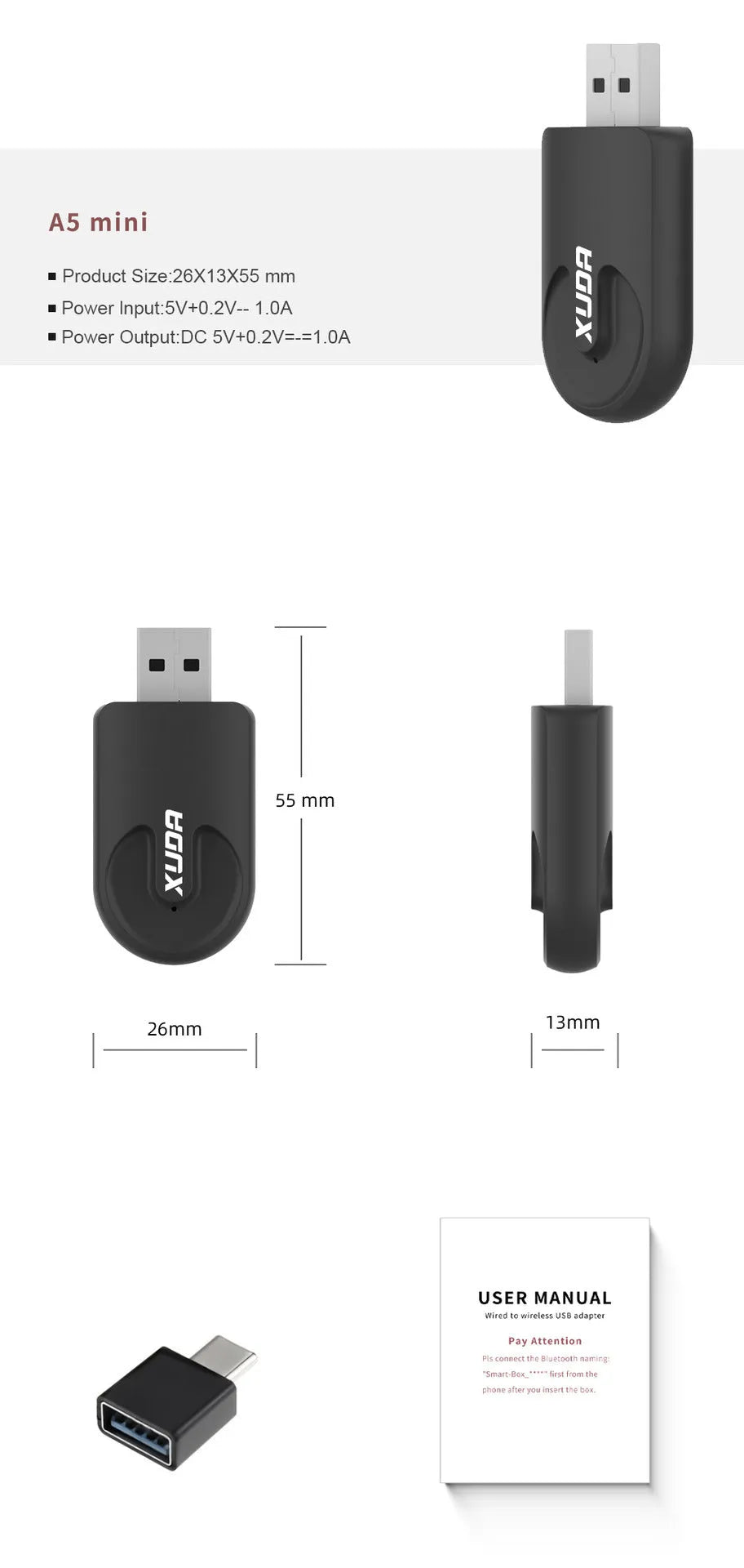 Black mini 2-in-1 CarPlay USB interface adapter with 26x55x13mm dimensions