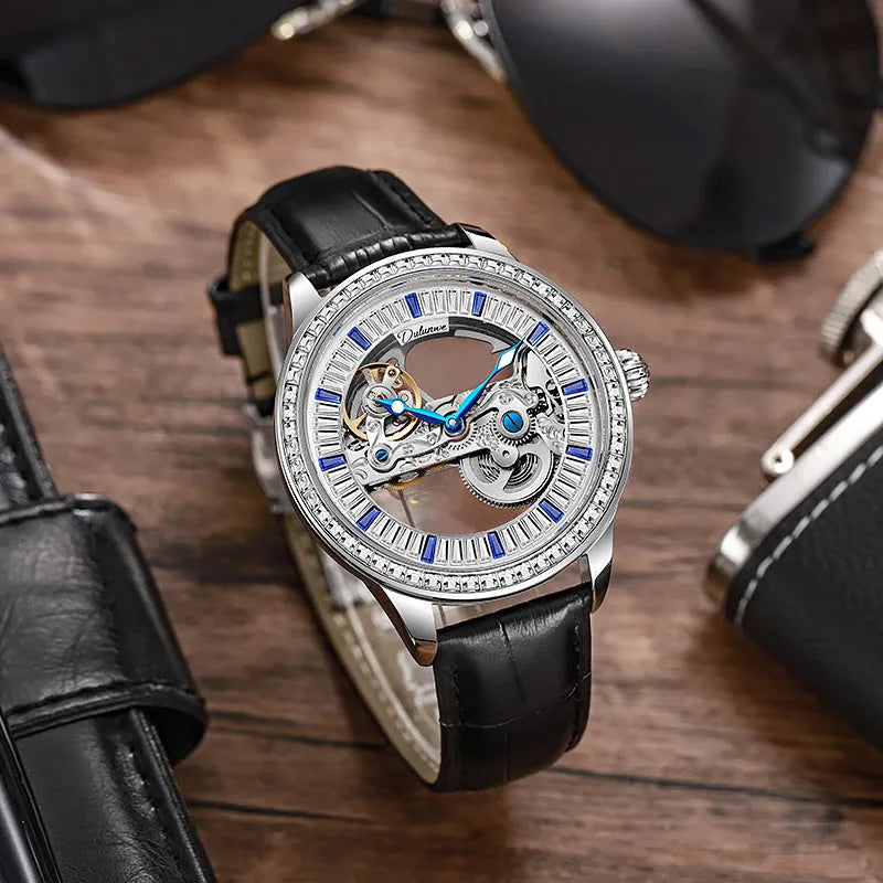 Men's luxury zircon mechanical watch with a choice of black leather or rose gold steel strap, showing onion crown and transparent case back.