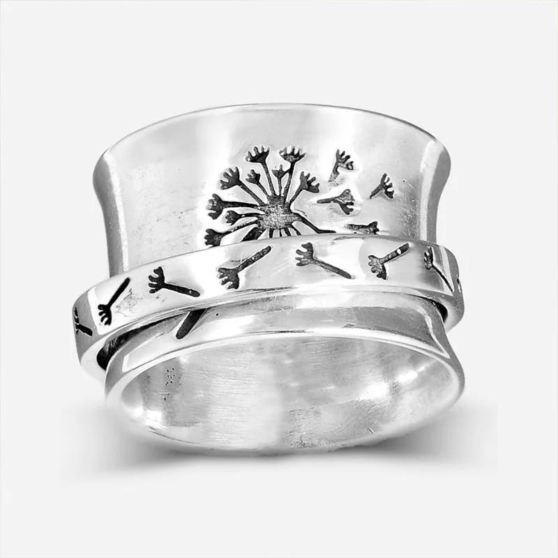 Silver electroplated rotatable flower ring showing floral design and European American sizes 7 to 11