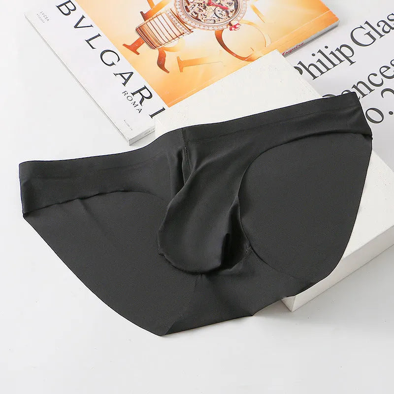 Men's black ice silk seamless briefs with a mid waist and internal support design.
