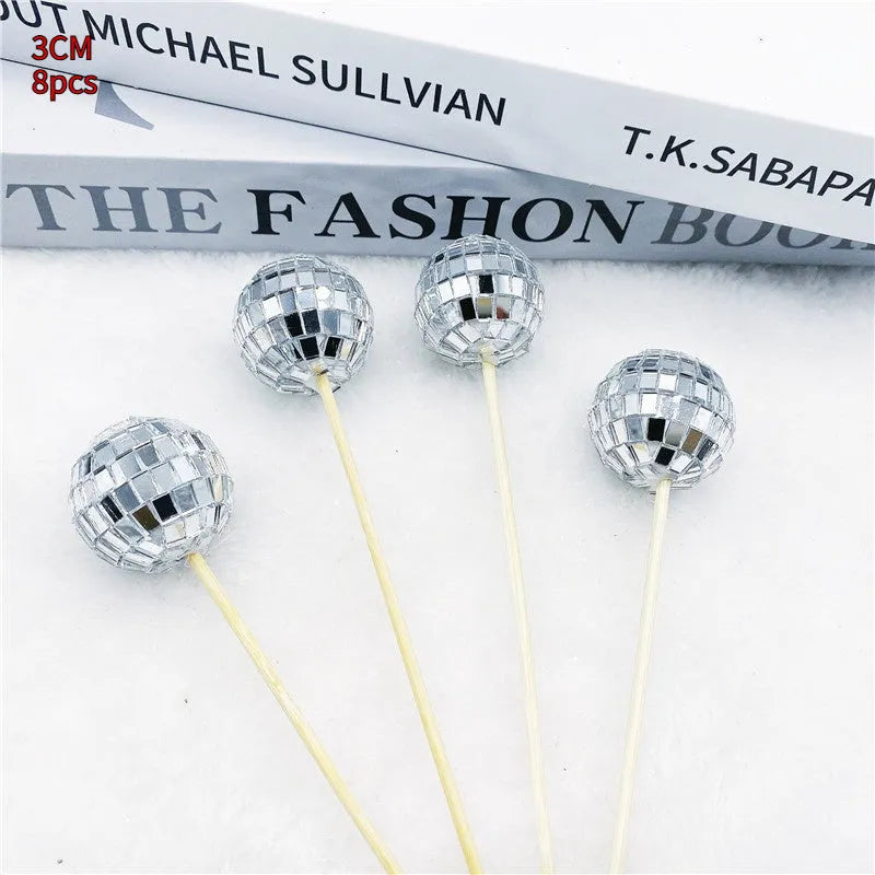 Glass disco ball cake decoration with wooden stick in various sizes from 2.5cm to 5cm