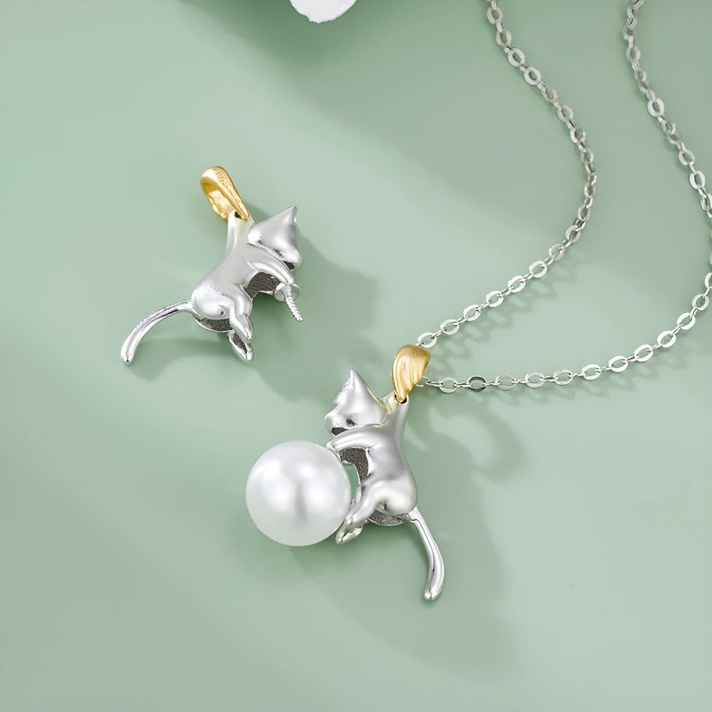 Sterling silver cat charm clavicle necklace with pearl bead options