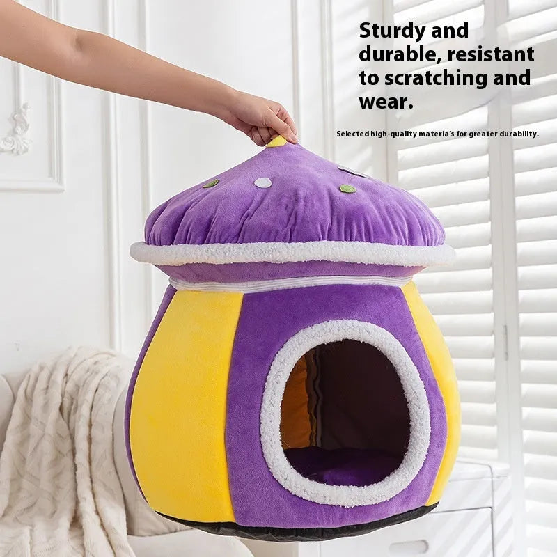 Grey mushroom-shaped plush cat bed with a detachable design and included blanket.