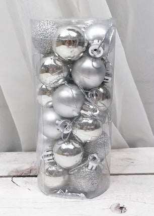 3 cm shiny matte finish Christmas tree bauble ornament in assorted colours including red, gold, and silver.